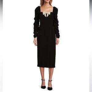 NWT Antonio Melani Elena Crepe Square Neck Long Ruched Sleeve Pearl Bow Dress